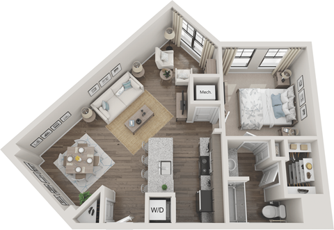 Floor plan for 1 bed, 1 bath, 849 sqft